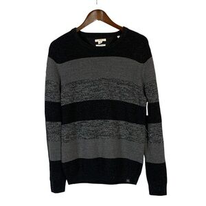 BRAX Rick Feel Good Sportive Stripe Wool Blend Crewneck Sweater - Black Grey - S